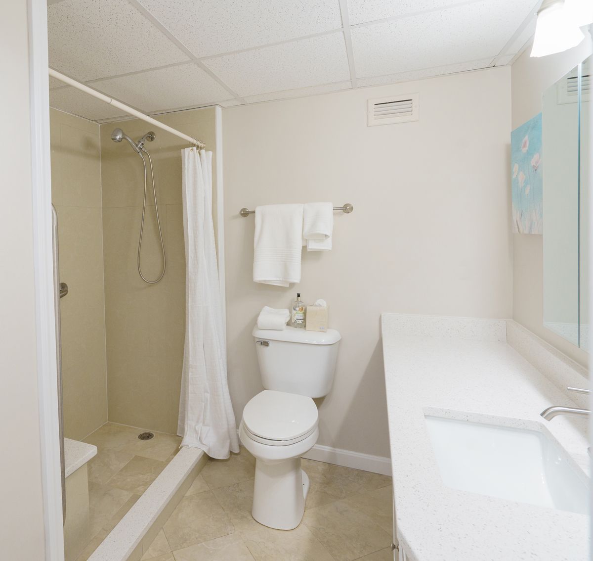 A bathroom with a toilet a sink and a shower