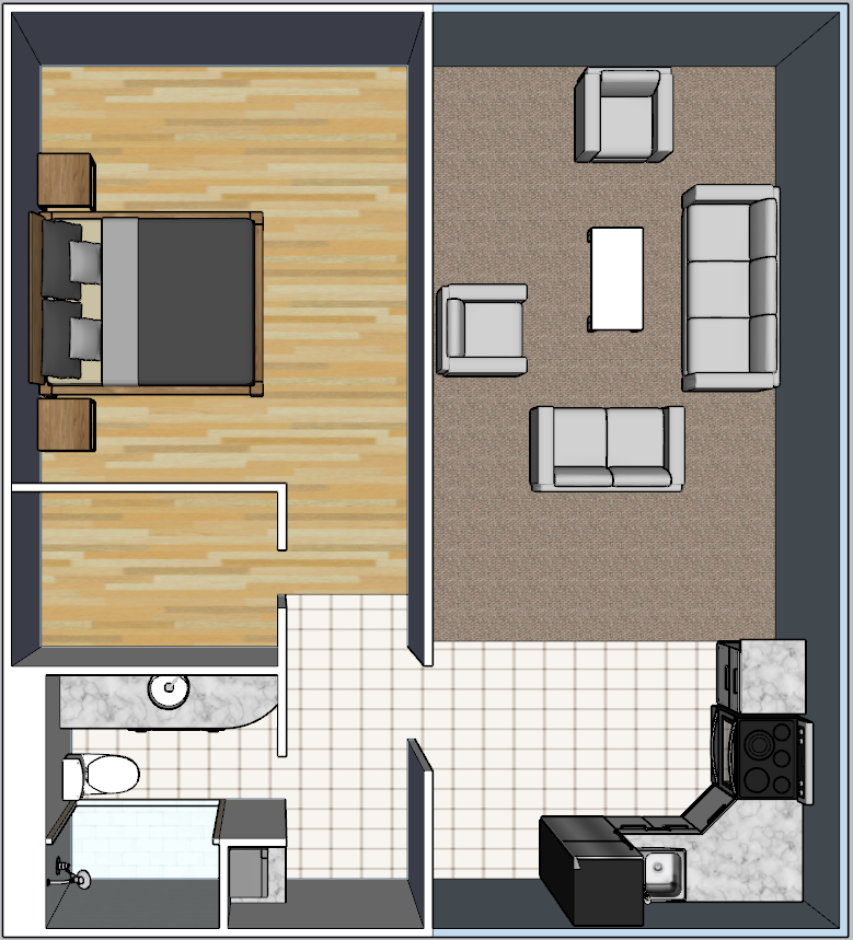 An aerial view of a bedroom and living room