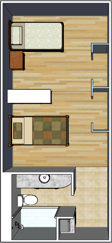 A floor plan of a bedroom with two beds and a toilet