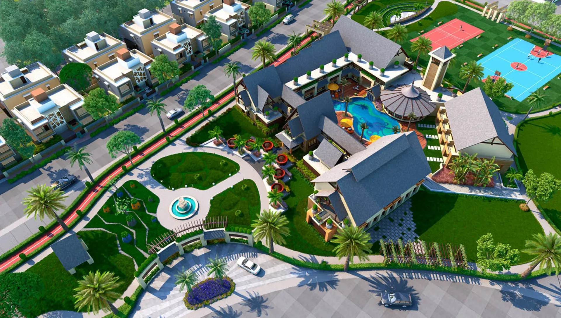 Une vue aérienne d'un quartier résidentiel avec beaucoup de bâtiments et d'arbres.