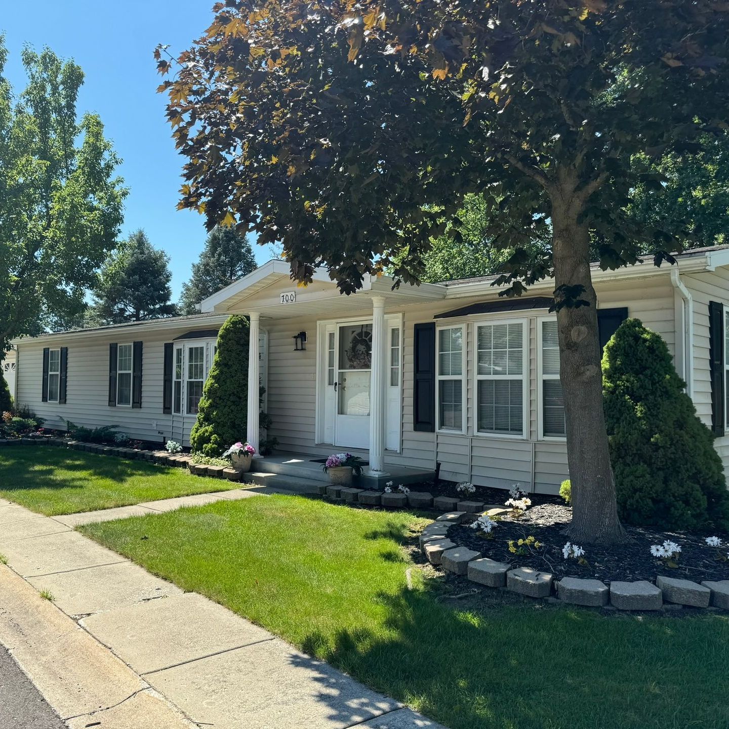 A mobile home with a tree in front of it