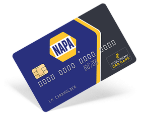 NAPA Auto Parts credit card, blue and yellow design, with a credit card chip and Synchrony Car Care logo. | Dacey’s Place