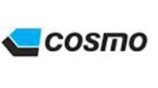 A cosmo logo with a blue arrow on a white background.