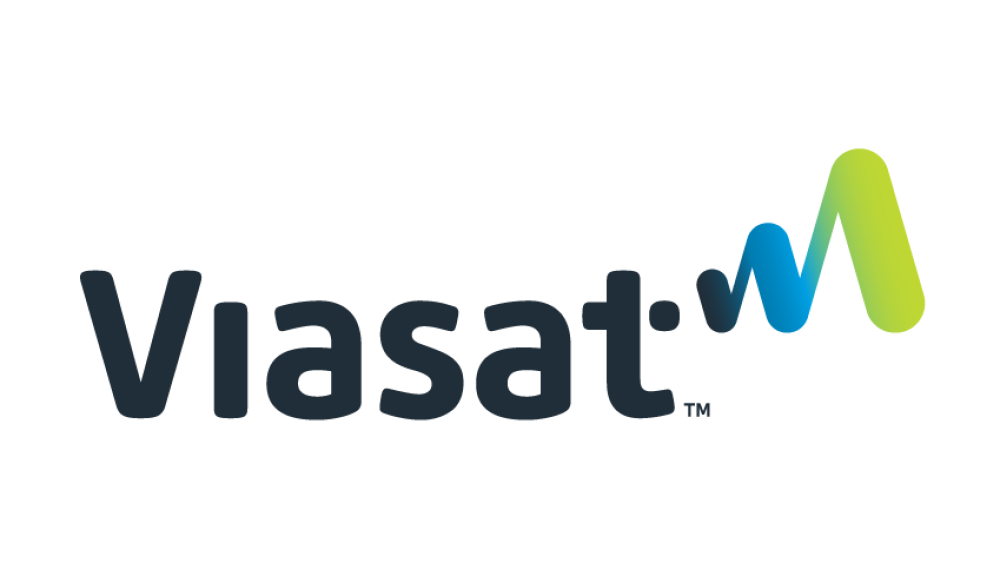 A blue and green logo for a company called viasat.