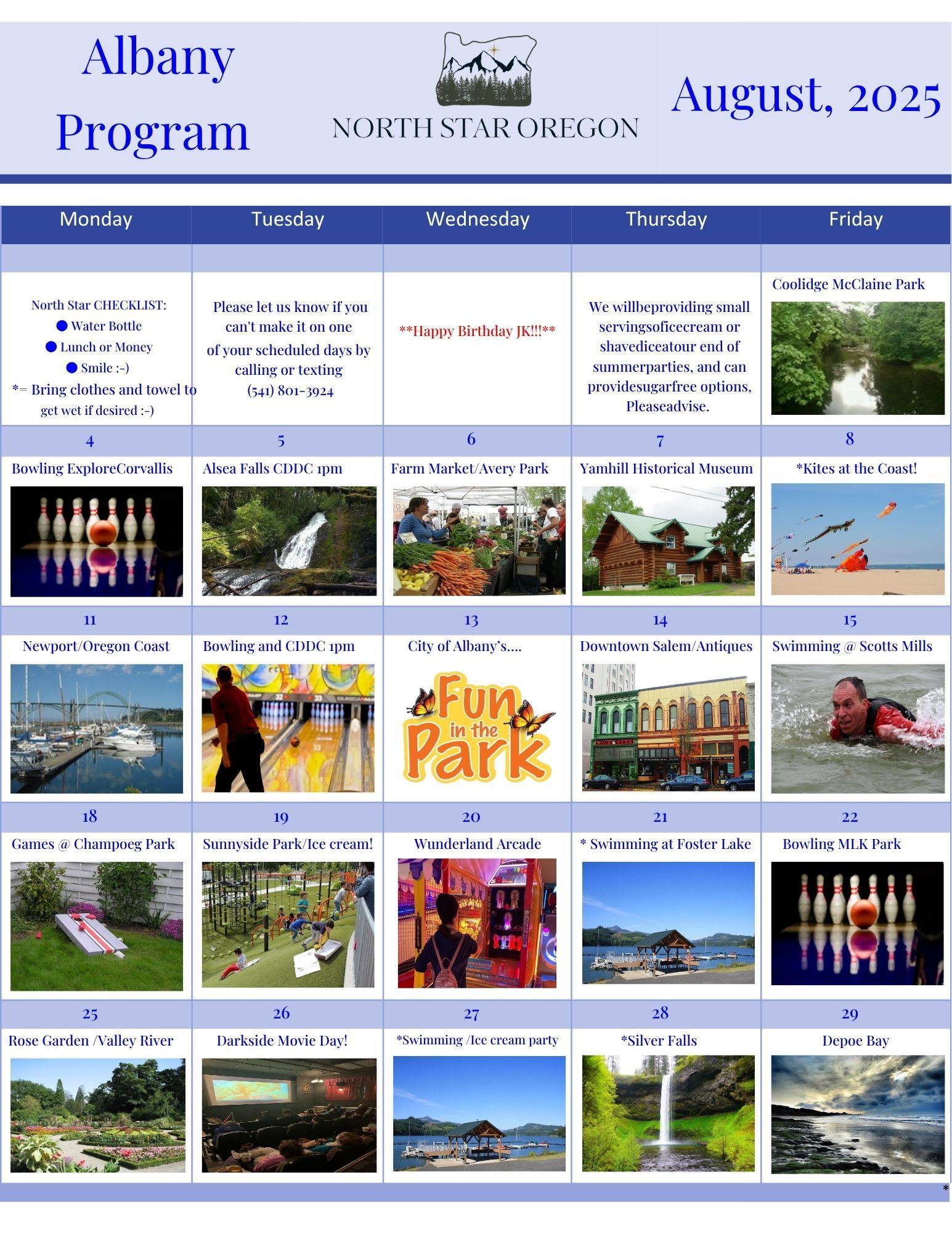 Albany Program for August 2025, a calendar with various activities, including events, nature, and recreation.