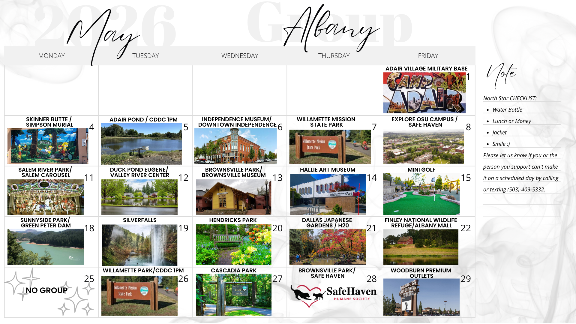 February 2026 calendar for Albany Group with pictures for each day, plus notes on the left.