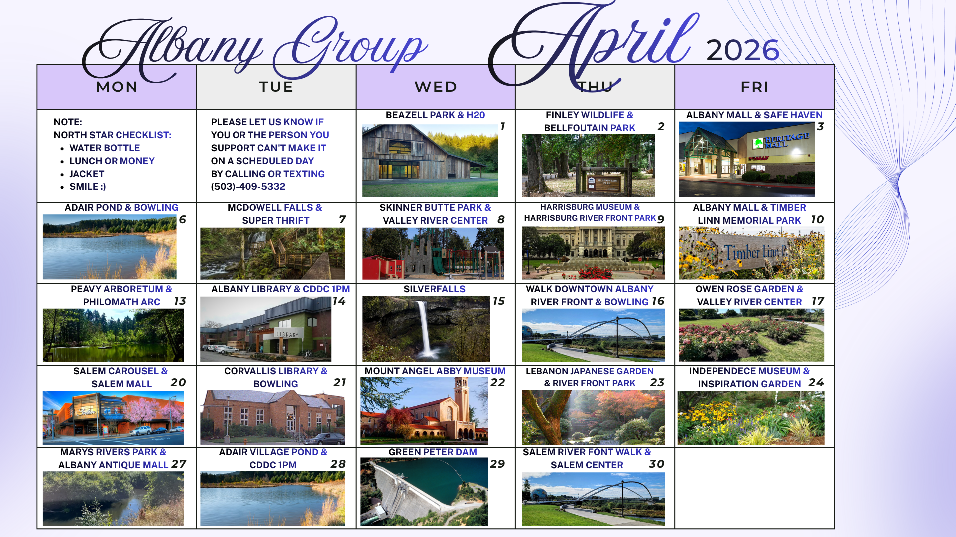 February 2026 calendar for Albany Group with pictures for each day, plus notes on the left.
