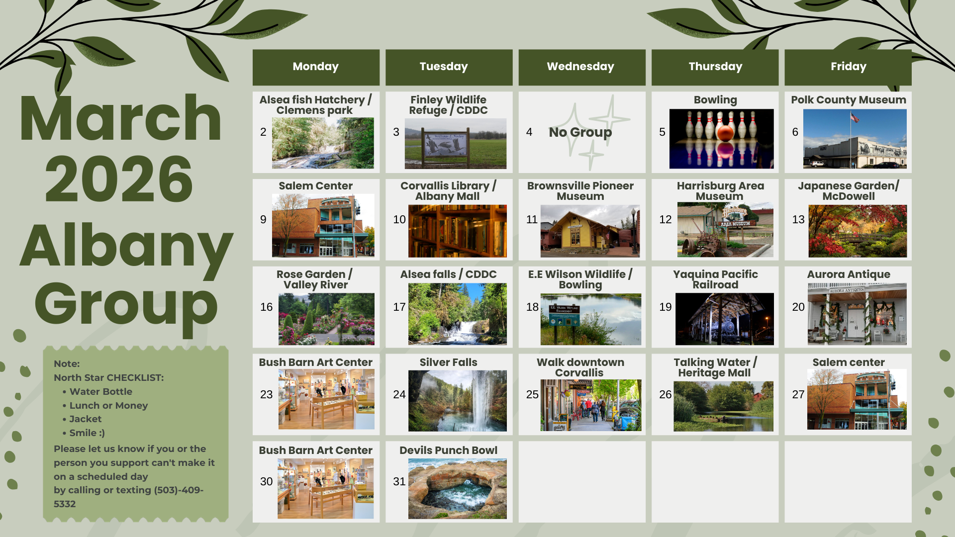 February 2026 calendar for Albany Group with pictures for each day, plus notes on the left.