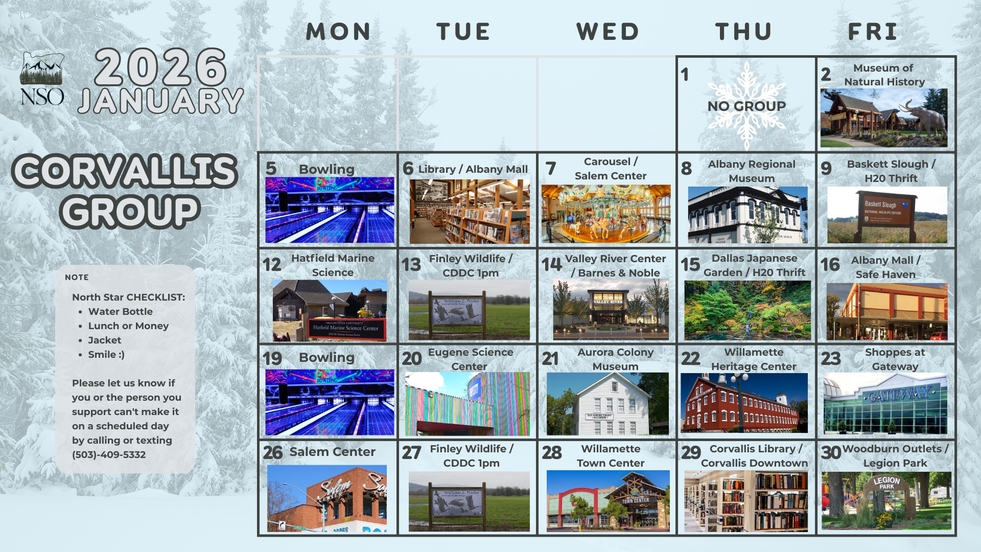 Corvallis Crew August 2023 calendar with photos of local scenes and activities.