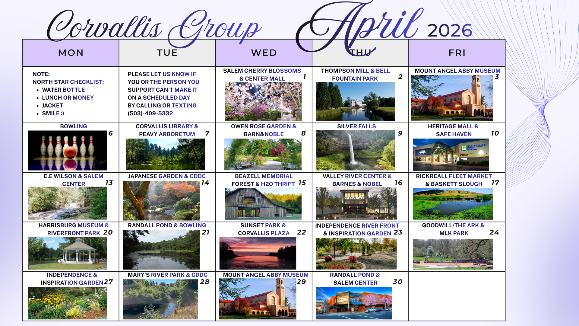 February 2026 calendar, Corvallis Group, with photos for each day and notes section. Pink hearts and accents.