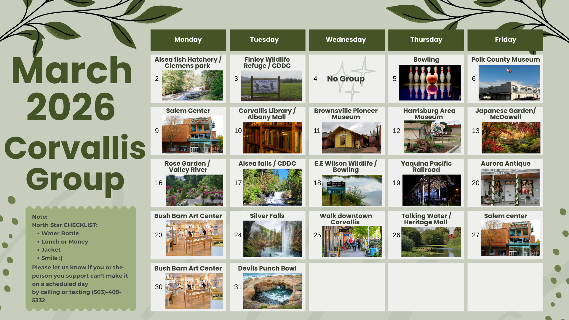 February 2026 calendar, Corvallis Group, with photos for each day and notes section. Pink hearts and accents.