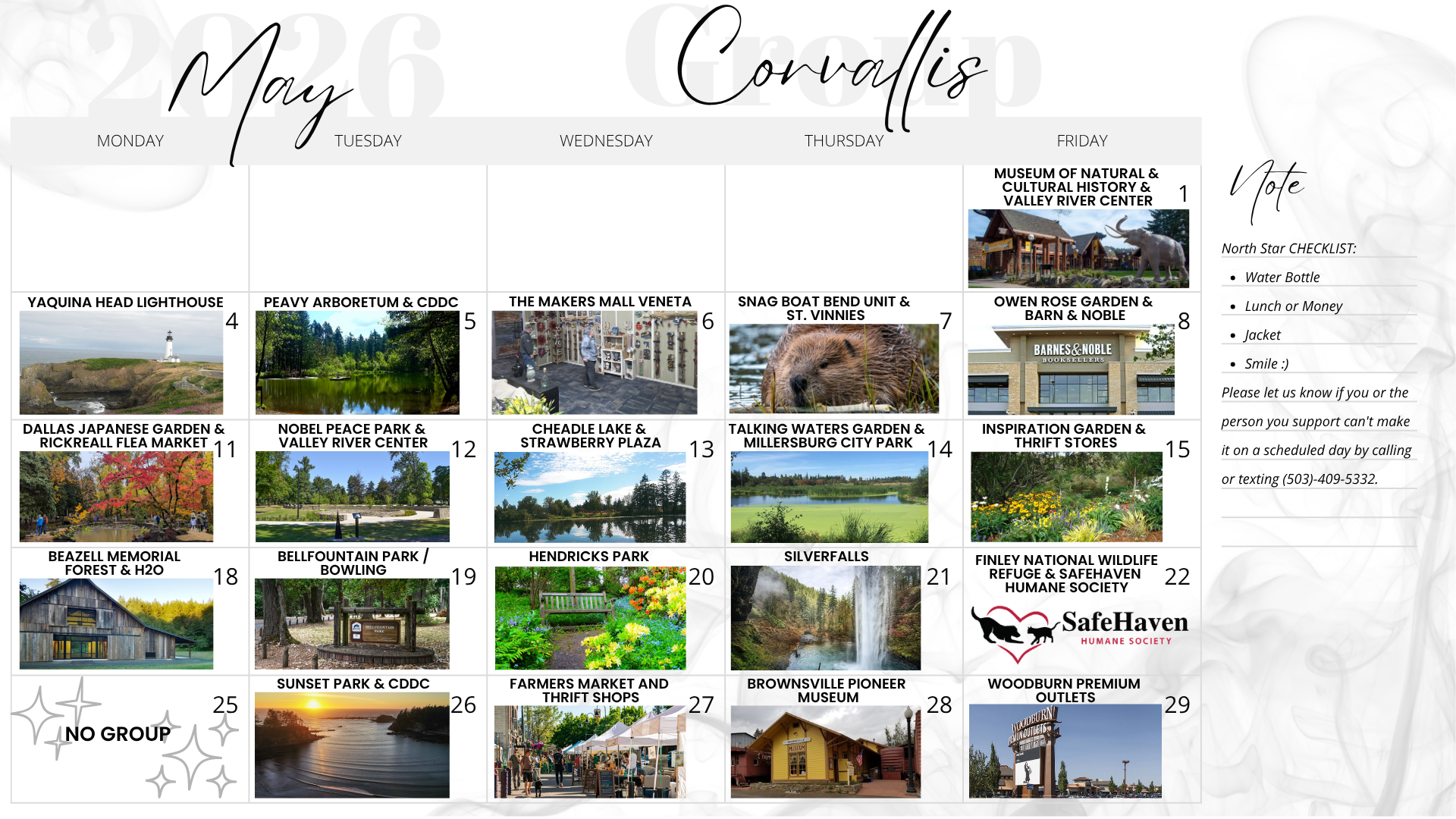 February 2026 calendar, Corvallis Group, with photos for each day and notes section. Pink hearts and accents.