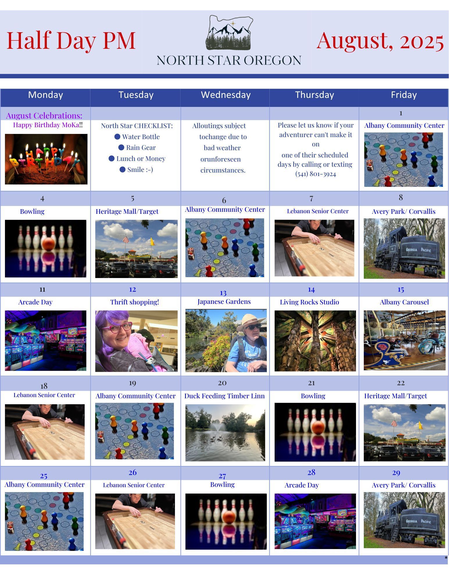 Calendar for August 2025 with various images depicting bowling, events, and outdoor scenes; North Shore Oregon is the header.