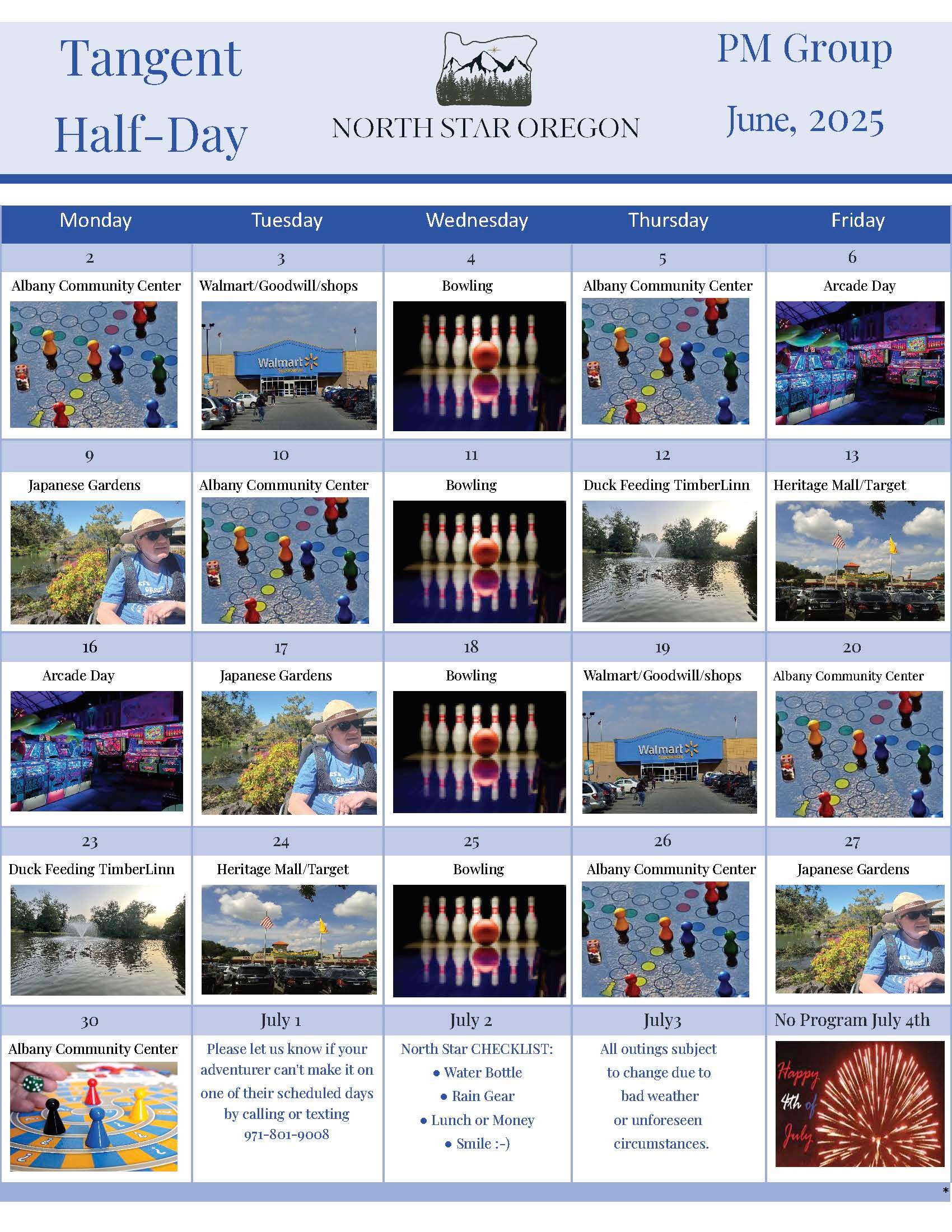 A calendar for June 2025 detailing activities for Tangent Half-Day PM at North Star Oregon, including locations and events for each day.