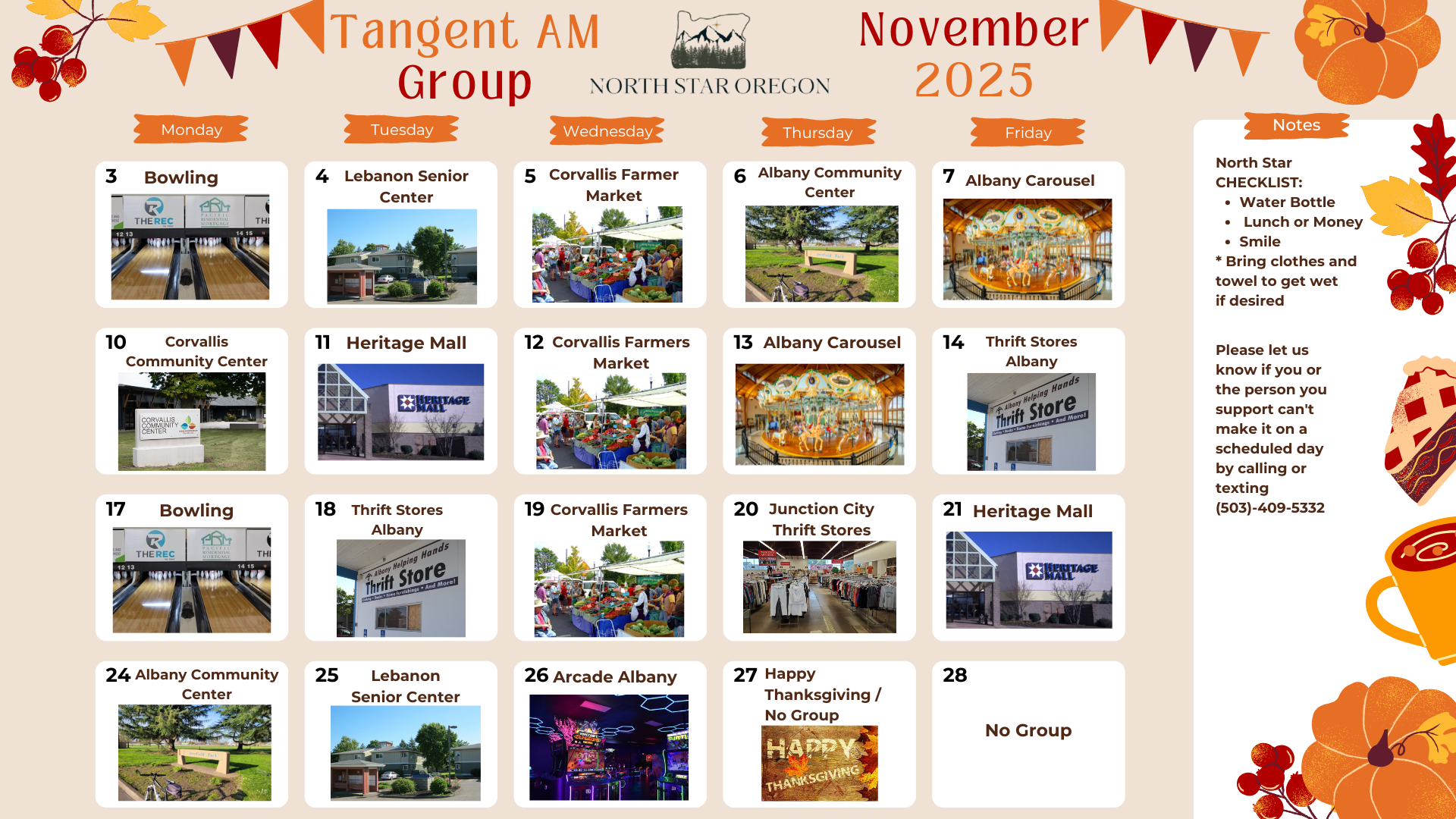 Calendar for August 2023; photos of bowling, lakes, crowds, and other activities, color-coded.