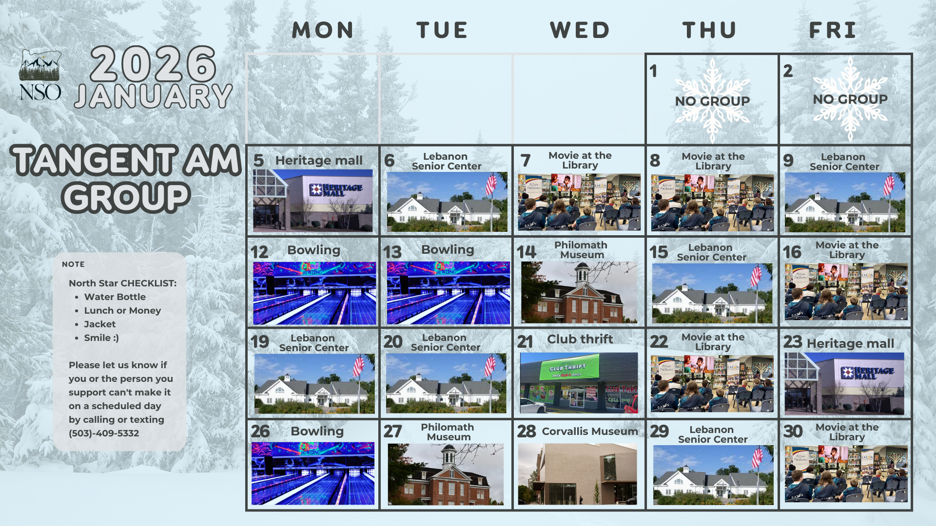 A calendar showing events and photos for the Tangent Half-Day AM Group in June 2023. Activities include puzzles, bowling, and fireworks.