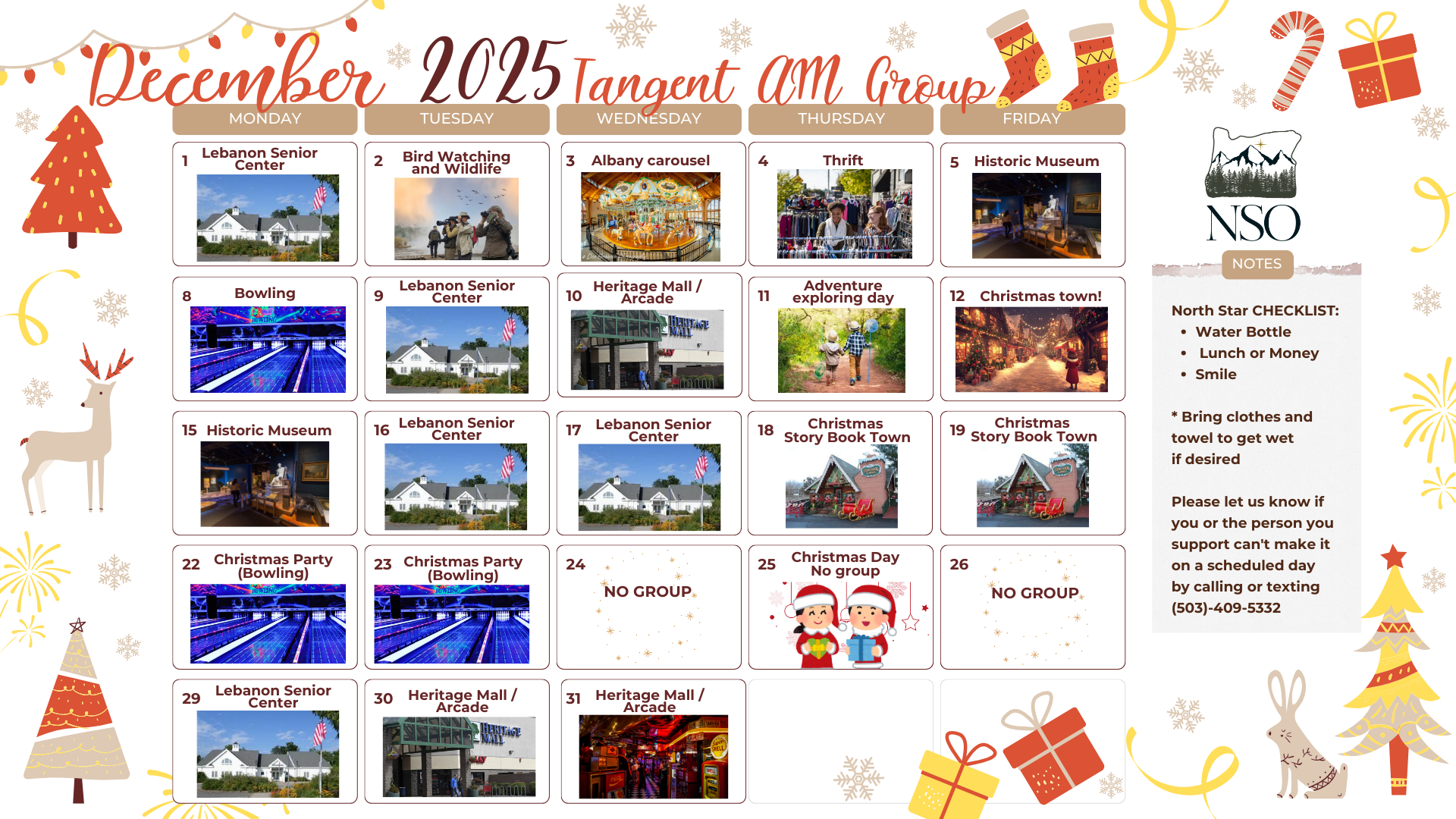 A calendar showing events and photos for the Tangent Half-Day AM Group in June 2023. Activities include puzzles, bowling, and fireworks.