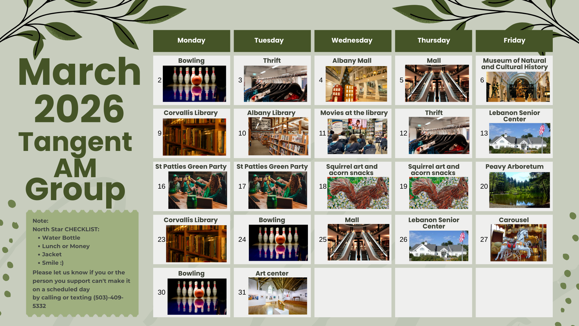 February 2026 calendar, Tangent AM Group. Pink themed with photos, heart decorations, and a notes section on the left.