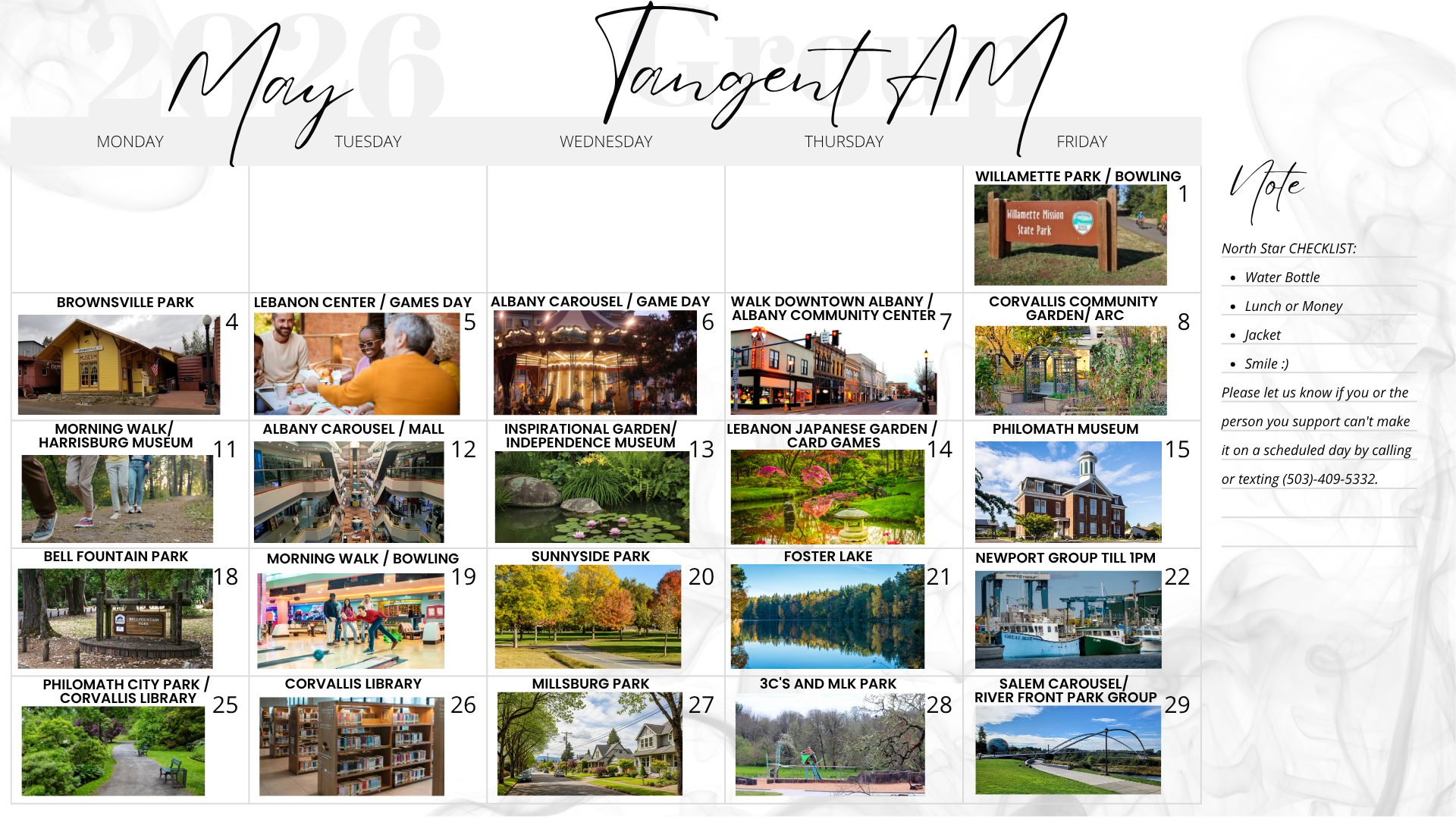 February 2026 calendar, Tangent AM Group. Pink themed with photos, heart decorations, and a notes section on the left.