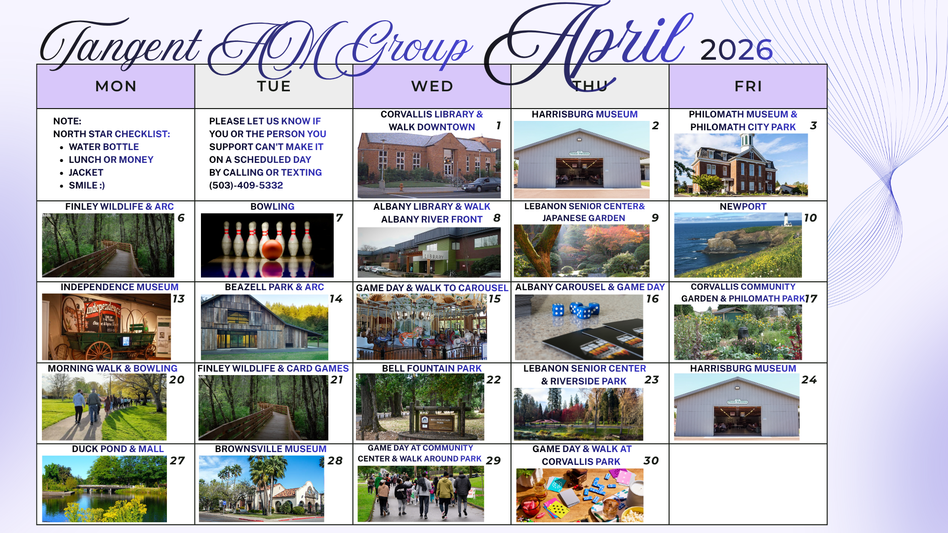 February 2026 calendar, Tangent AM Group. Pink themed with photos, heart decorations, and a notes section on the left.