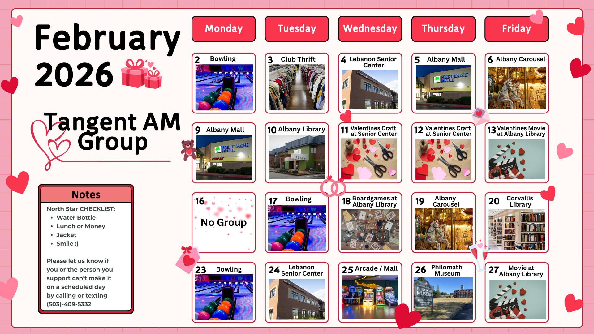 Calendar for August 2023; photos of bowling, lakes, crowds, and other activities, color-coded.