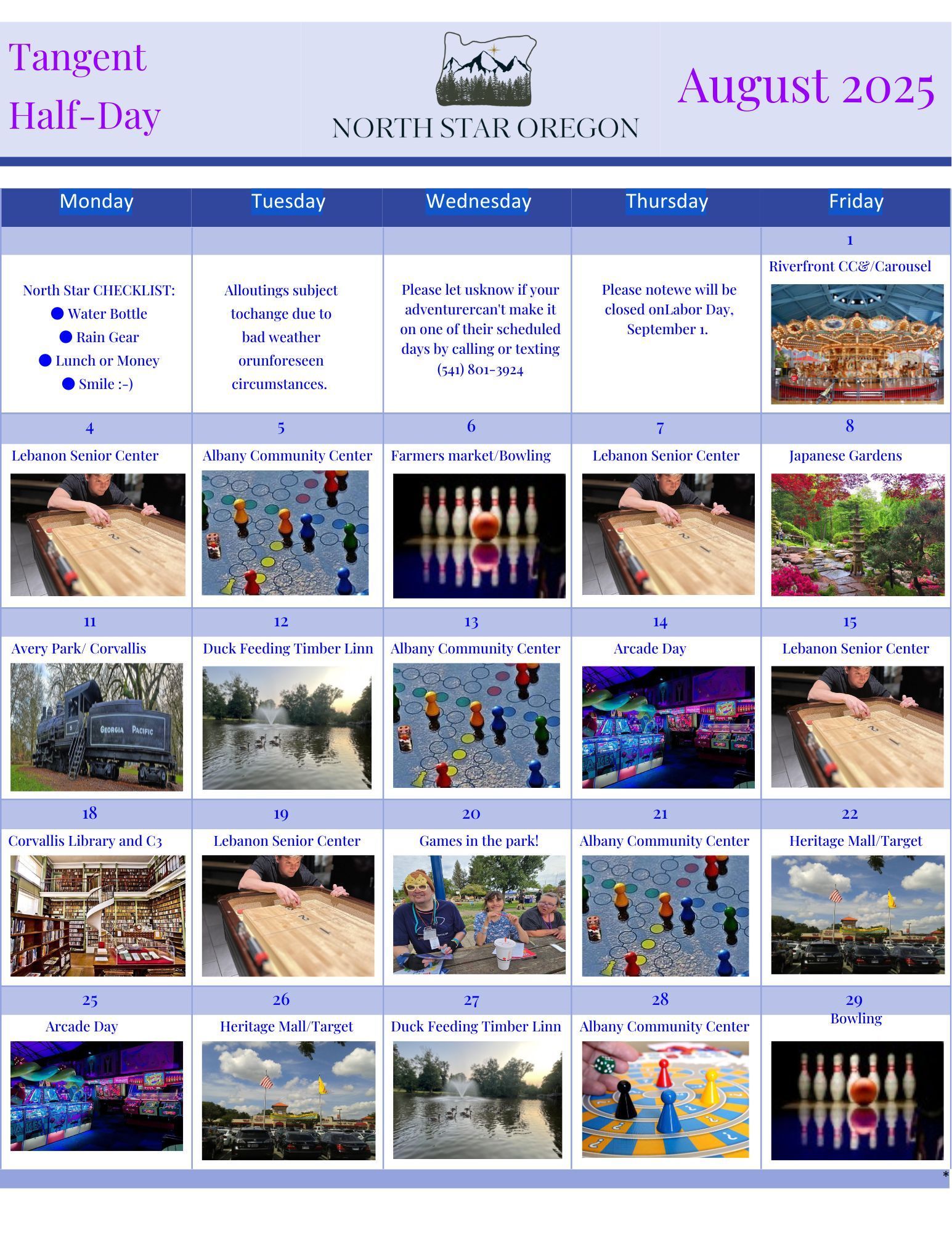 Calendar for August 2023; photos of bowling, lakes, crowds, and other activities, color-coded.