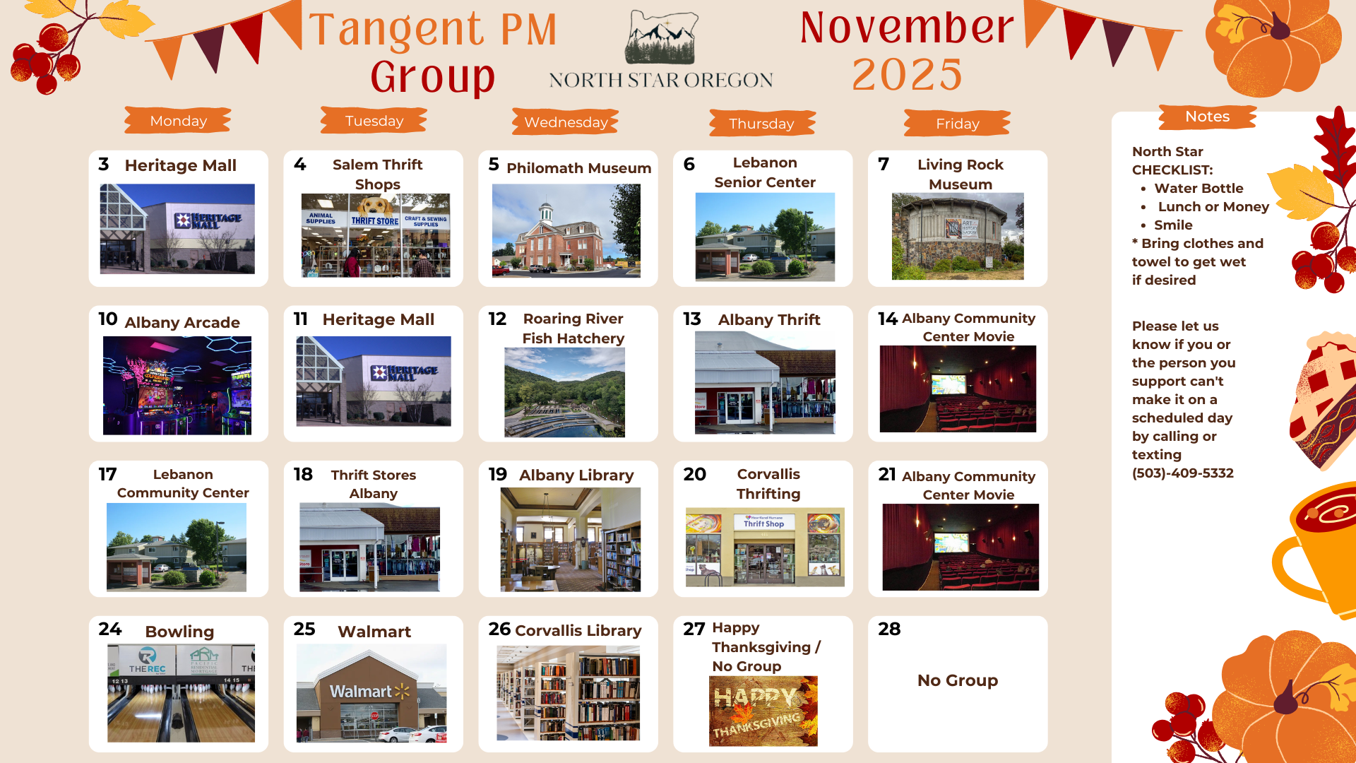 Calendar for August 2025 with various images depicting bowling, events, and outdoor scenes; North Shore Oregon is the header.