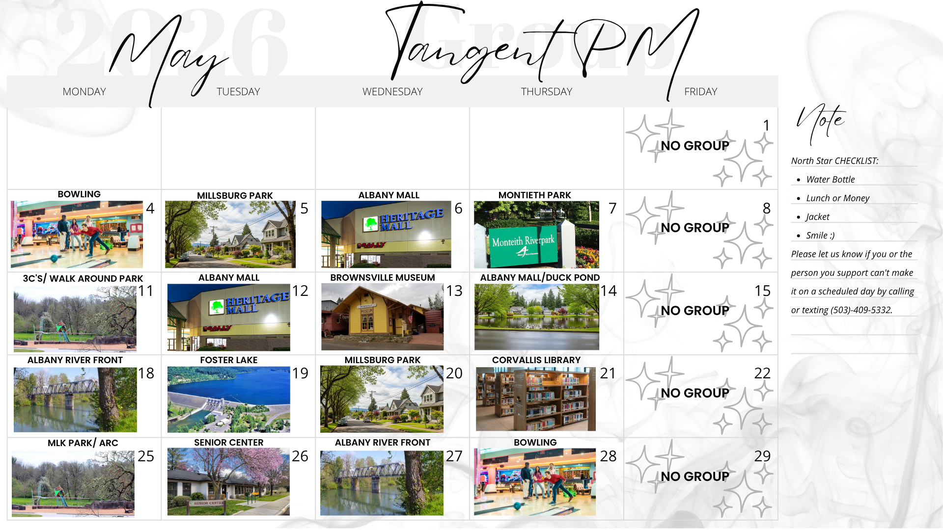 February 2026 calendar, organized by Tangent PM Group. Features images and notes section in a pink theme.