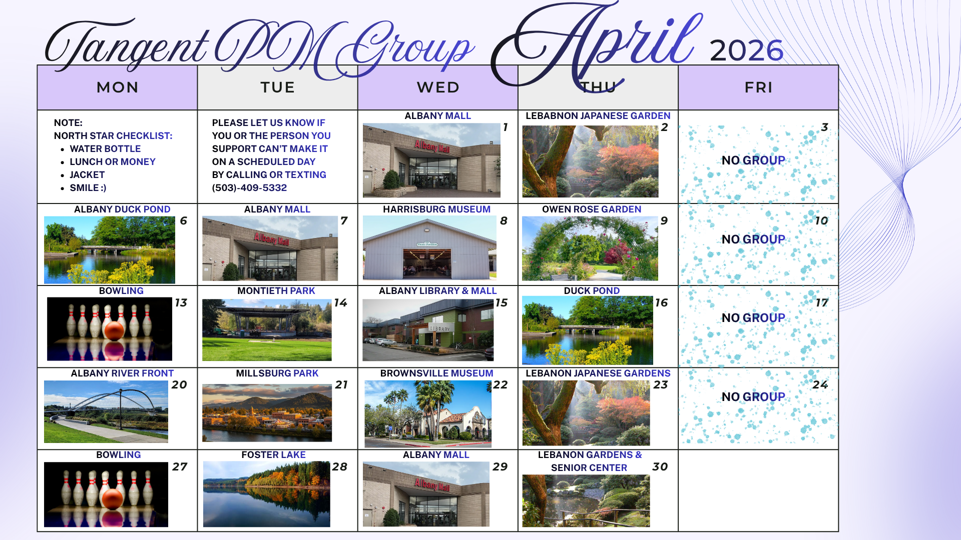 February 2026 calendar, organized by Tangent PM Group. Features images and notes section in a pink theme.