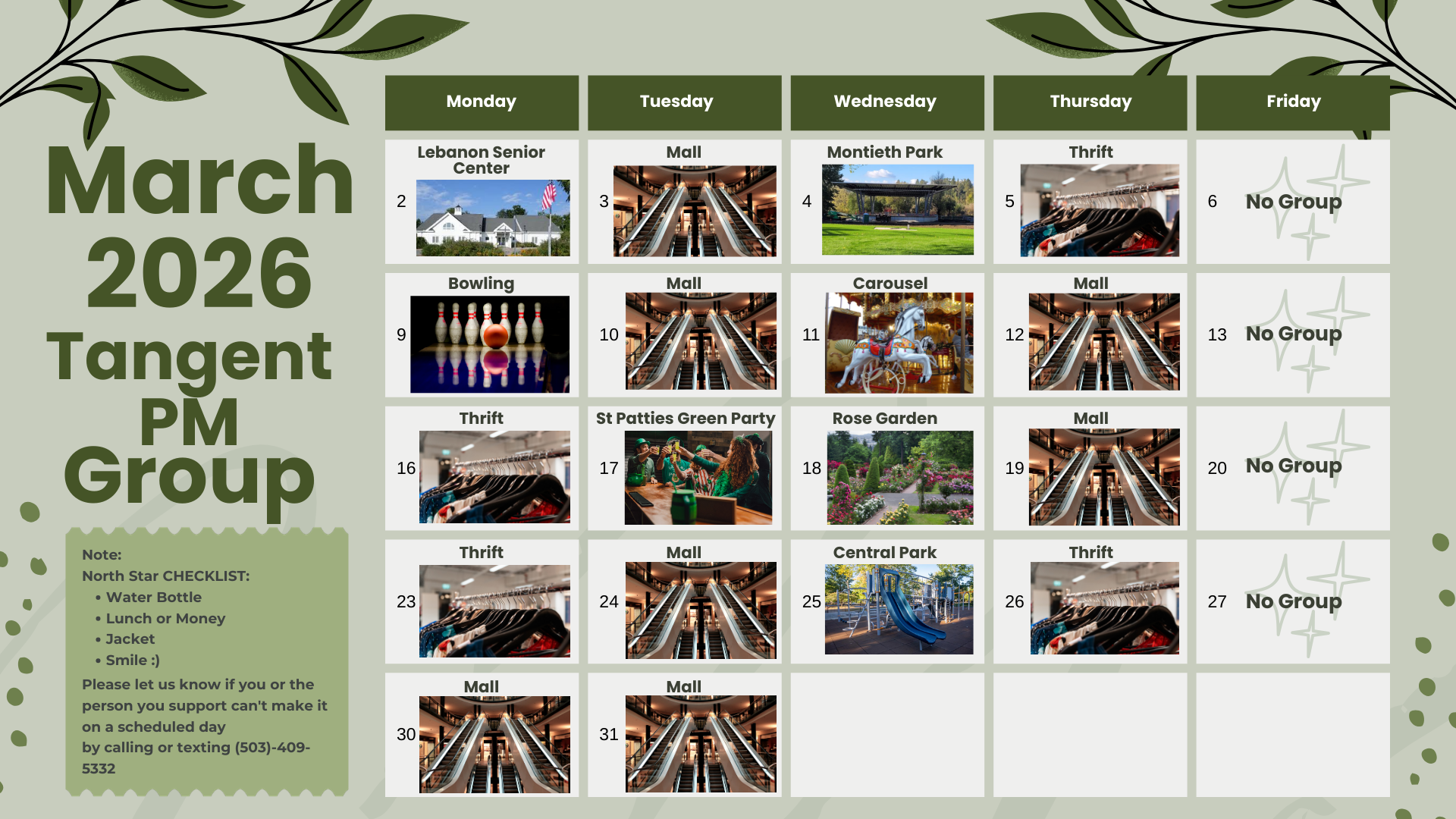February 2026 calendar, organized by Tangent PM Group. Features images and notes section in a pink theme.
