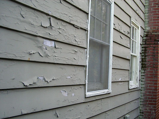 Peeling Paint on wood siding and two windows