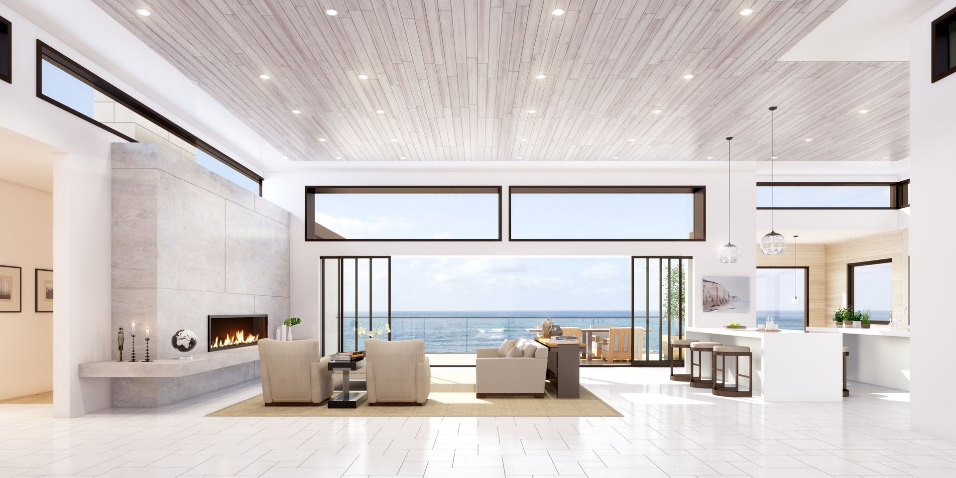 A kitchen with a large island and a surfboard on the wall.