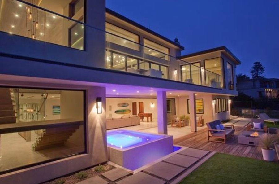 A large house with a swimming pool in the backyard.