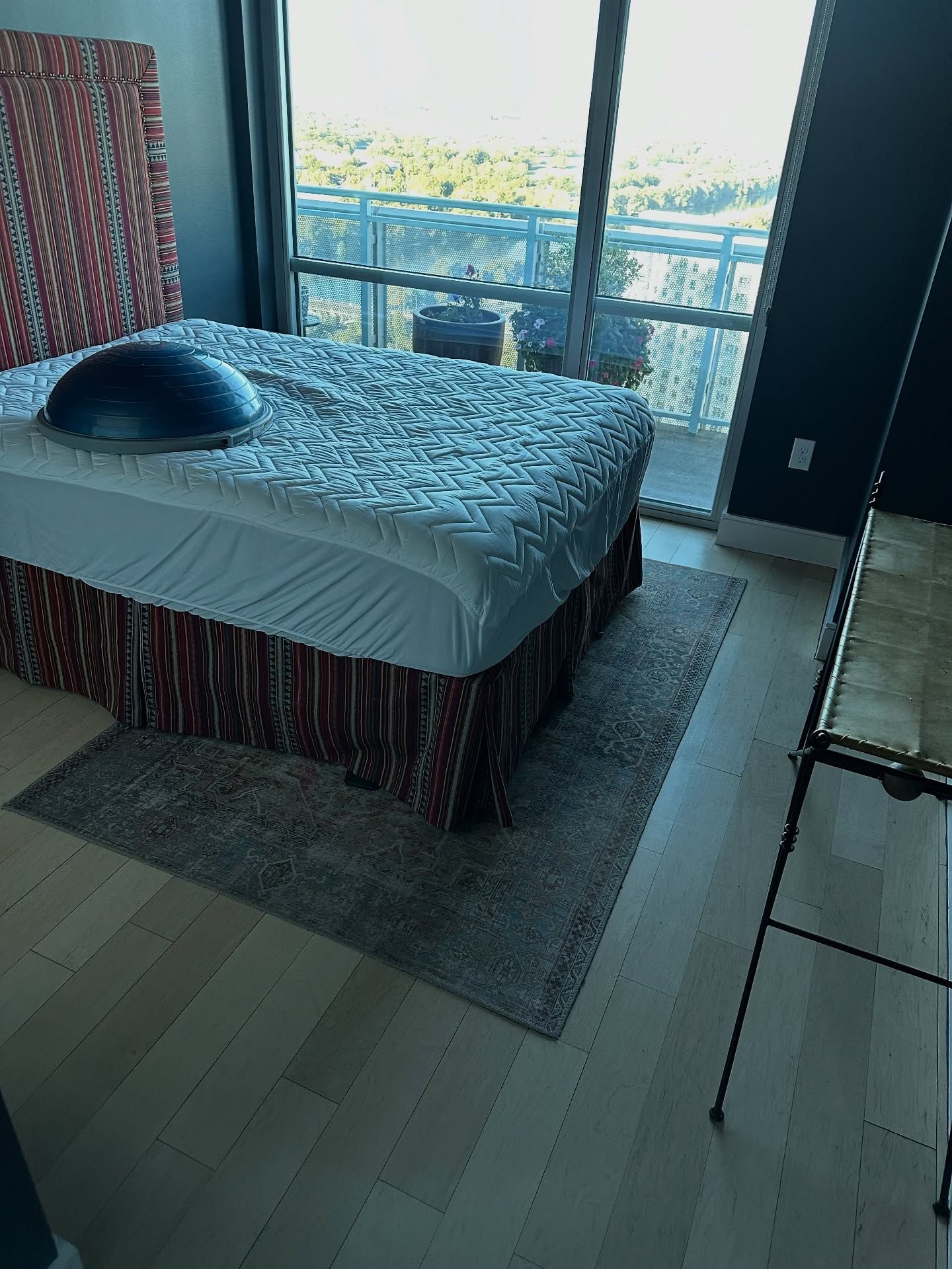 Bedroom with bed, patterned headboard and skirt, rug, large window.