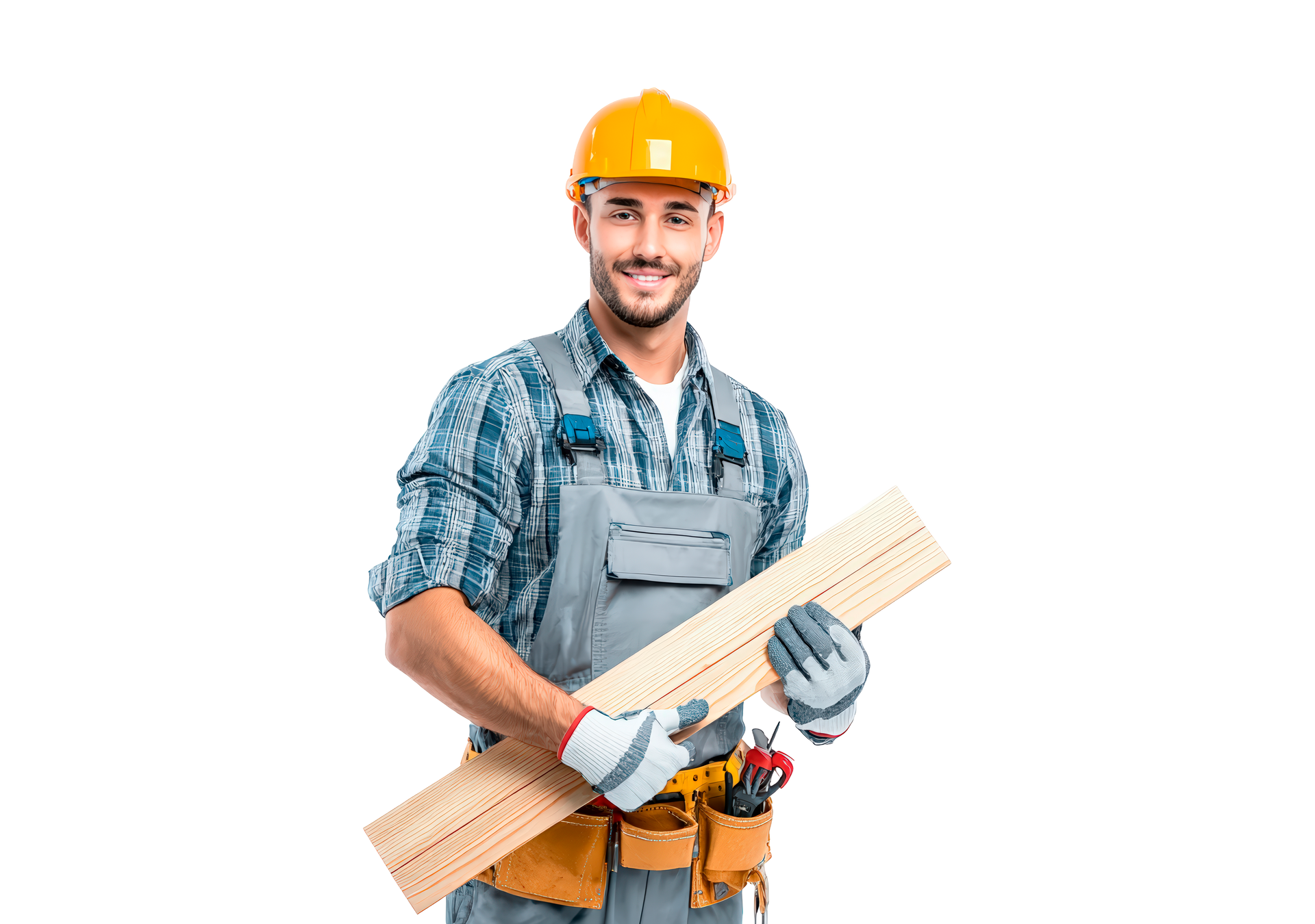 Construction worker holding wooden planks, wearing a yellow hard hat and tool belt.