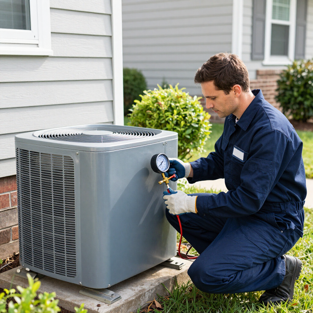 Technician in blue coveralls checks HVAC unit gauges beside a house outdoors