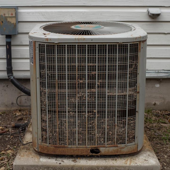 An old, rusty, beige HVAC outdoor condenser unit sitting on a concrete pad against white horizontal siding.