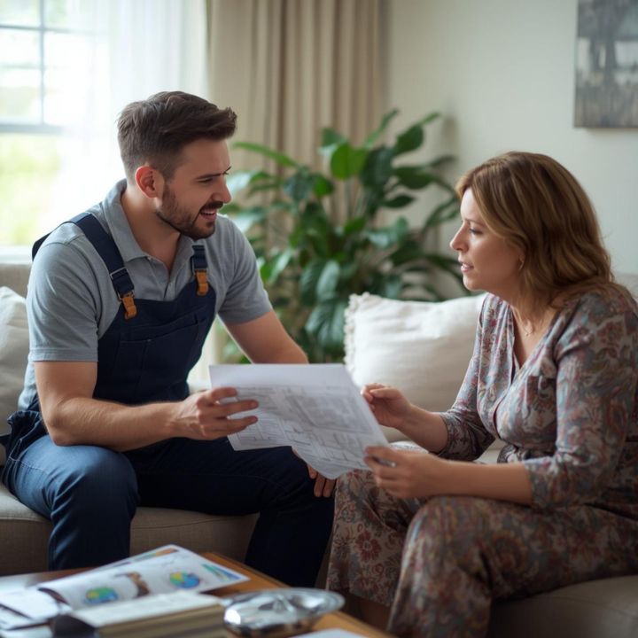 A worker in work overalls discusses paperwork with a person on a sofa in a living room with a houseplant.