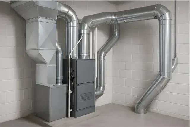 Heating system with ducts in a basement corner against a white brick wall. Silver metal. AC Installation in Livonia, MI