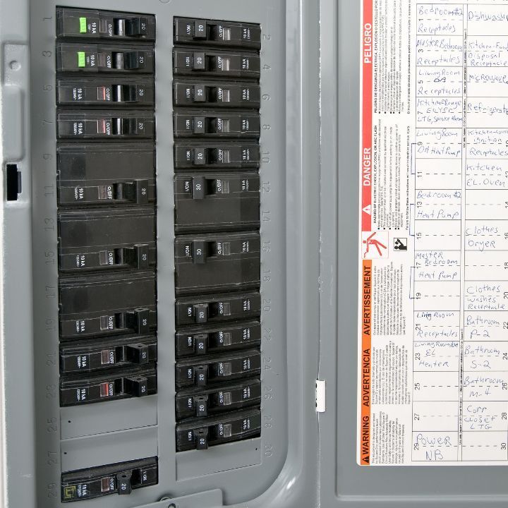 Electrical panel with rows of black circuit breakers. One switch is green, indicating it's on.