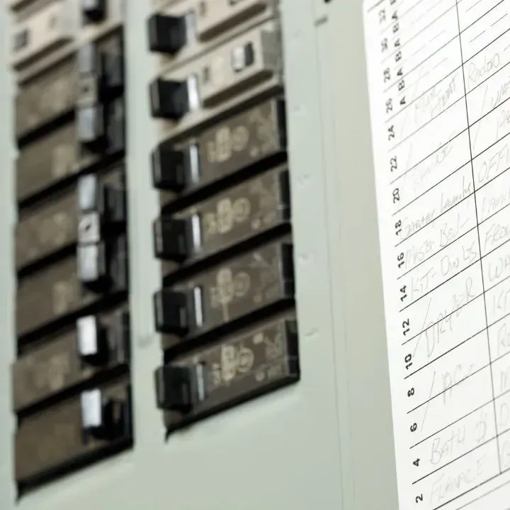 Electrical circuit breaker panel with handwritten circuit descriptions on a list.