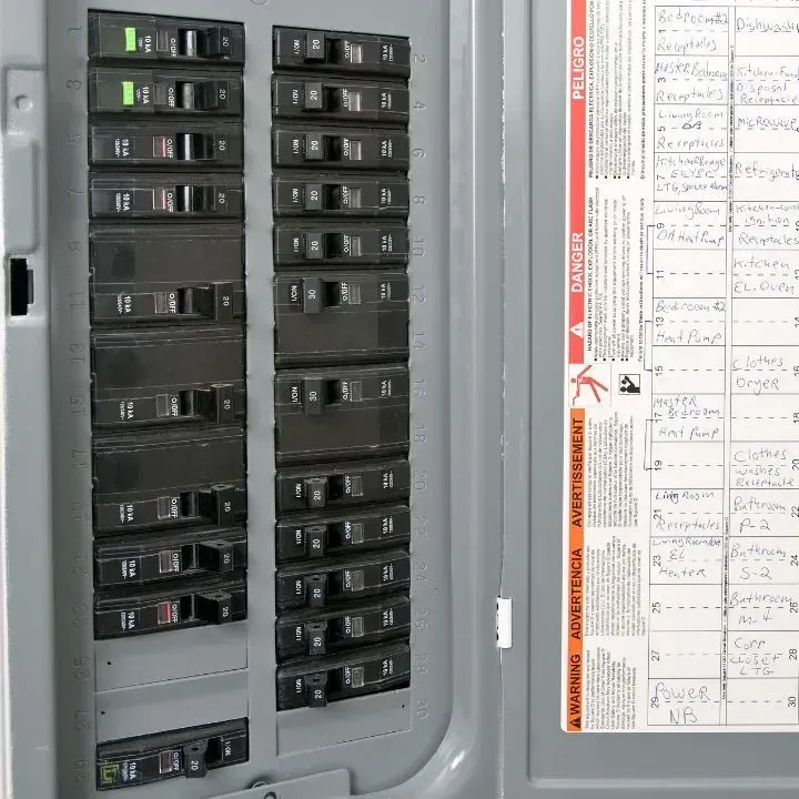Electrical panel with rows of black circuit breakers. One switch is green, indicating it's on.