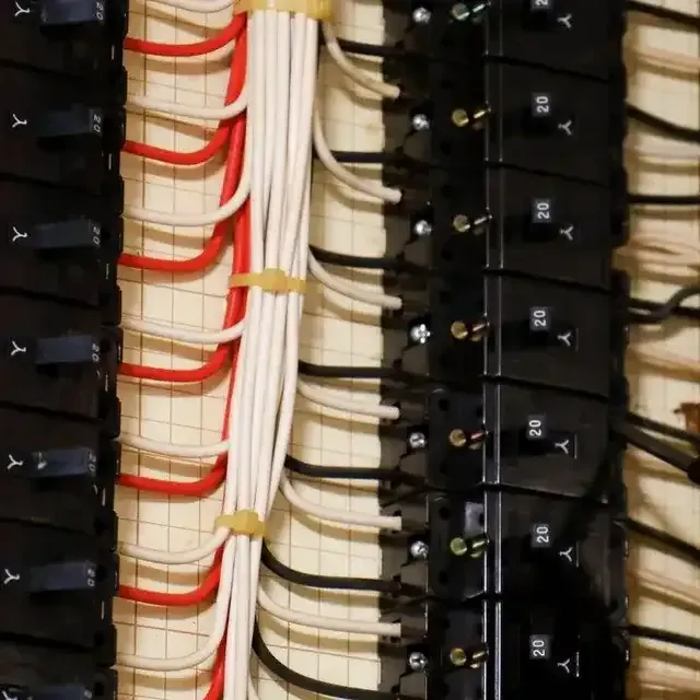 Electrical panel with red, white, and black wires connected to black circuit breakers, close-up. Electrician Services in Livonia MI