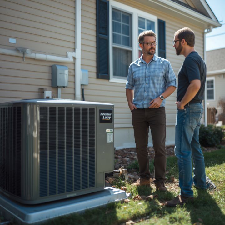 Two men talking beside a house’s outdoor air conditioner unit on a sunny day