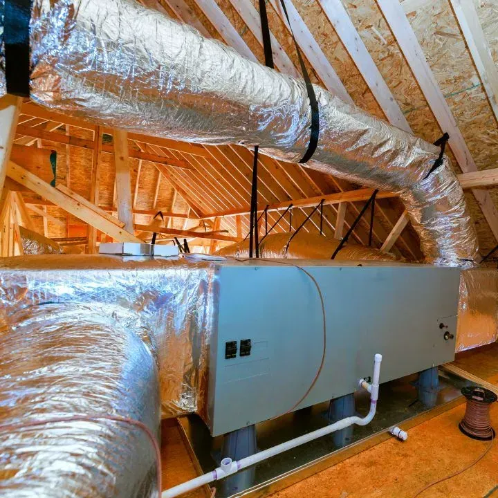 An HVAC air handler unit with connected flexible ducts, suspended in an unfinished wooden attic.