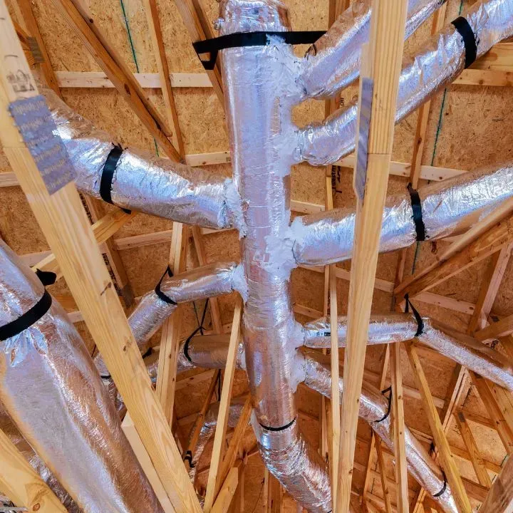 Foil-insulated HVAC flexible ducts are branched off a central trunk line within a wooden attic roof truss structure.