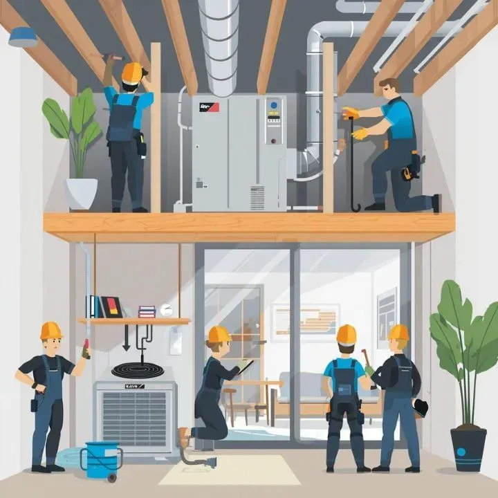 Technicians in blue uniforms and hard hats install and service HVAC equipment in a multi-level residential space.