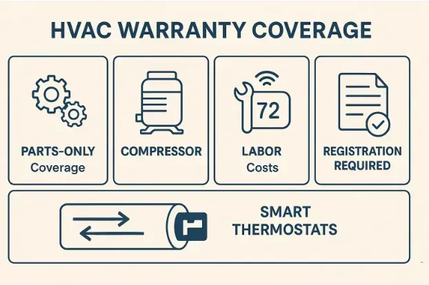 HVAC warranty coverage icons: parts, compressor, labor costs, registration, and smart thermostats.
