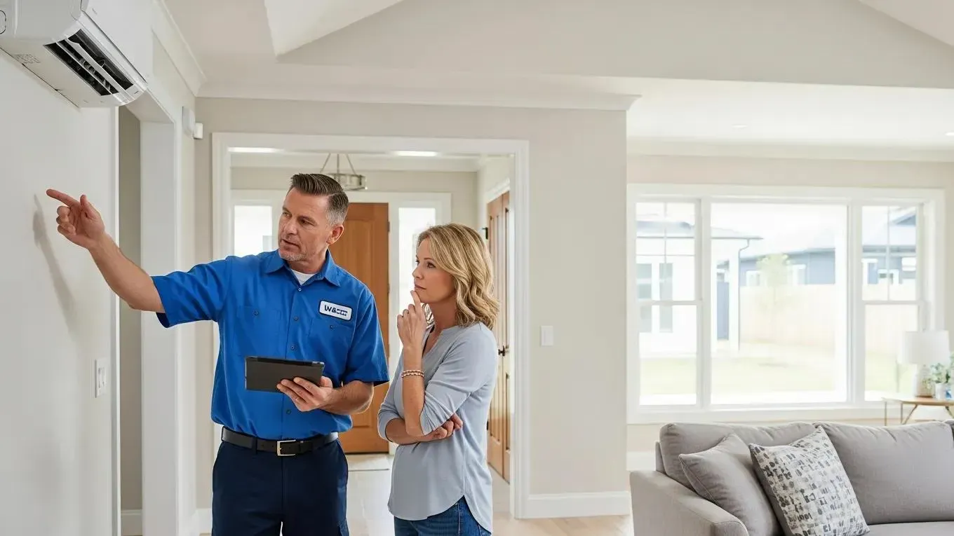 HVAC technician assessing home layout with homeowner for air conditioning installation