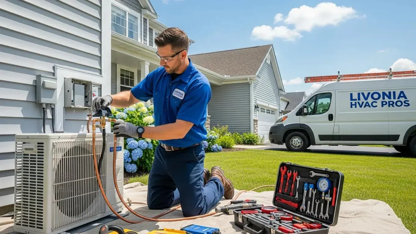 HVAC technician installing an air conditioner in a Livonia home, showcasing a professional service